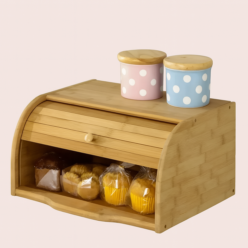 Bamboo Bread Box | Roll-Top Lid Natural Wood Bread Bin | Fresh Bread Storage Container