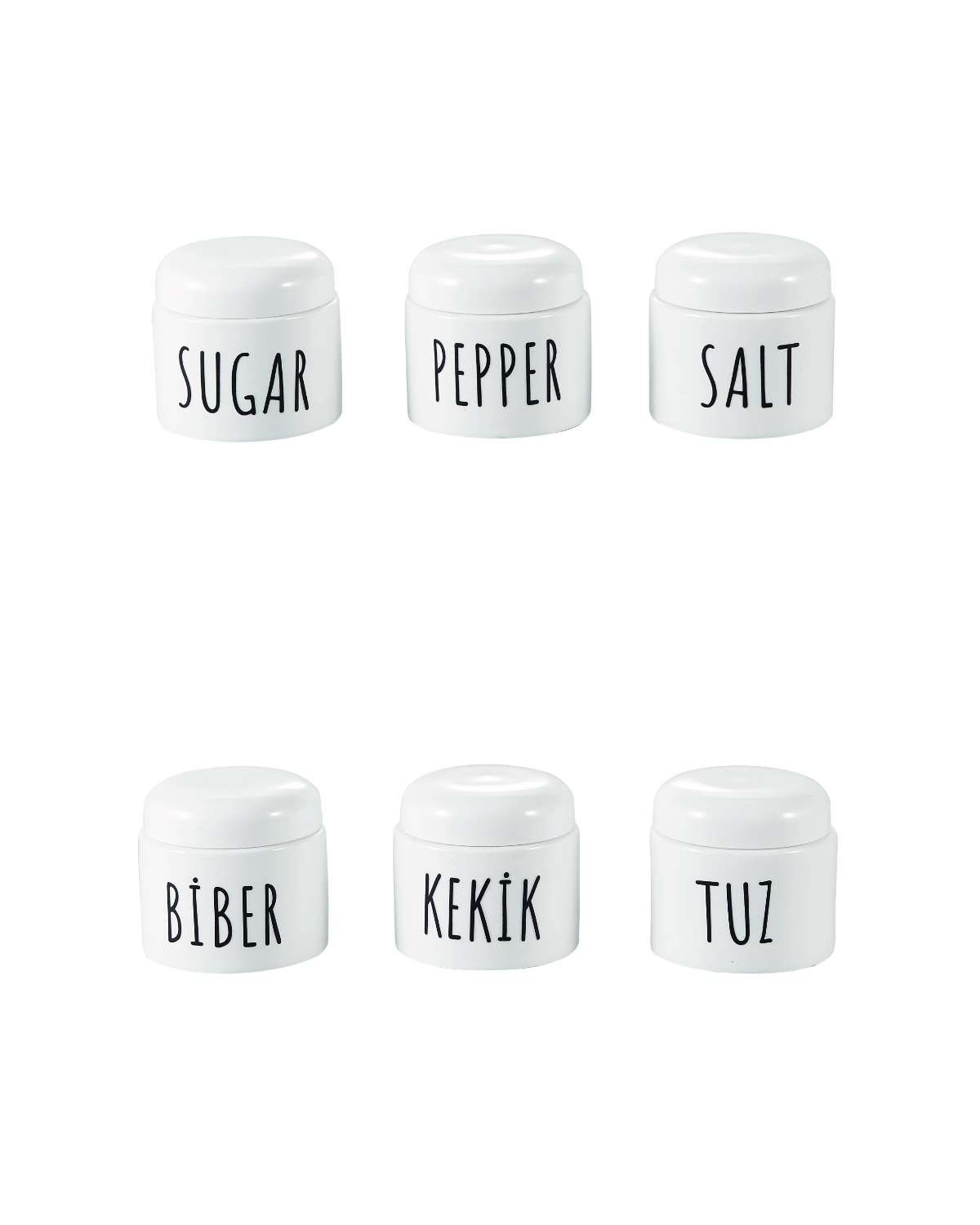 Porselen Küçük Boy Baharatlık Takımı (3'lü Set) | Türkçe & İngilizce Etiketli Minimalist Mutfak Kavanozları (Şeker, Tuz, Biber)