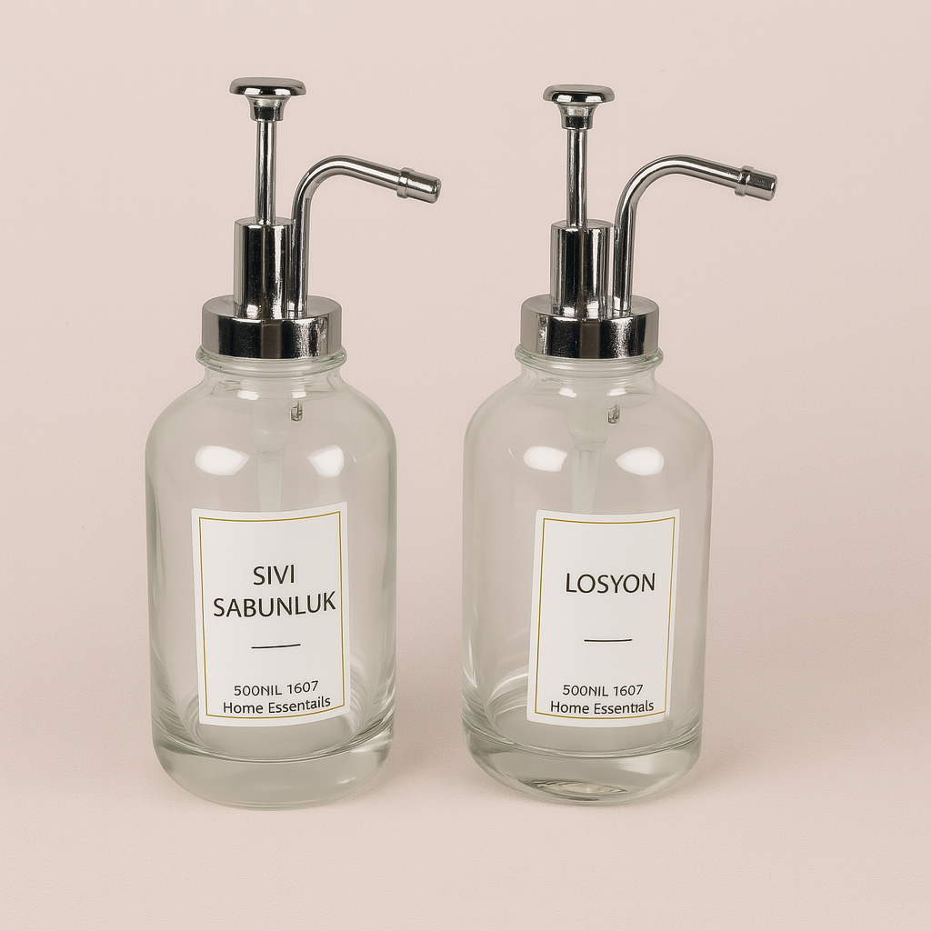 2'li Cam Silindir Sıvı Sabunluk Seti (500ml) | Şık ve Modern Tasarım | Metal , Etiketli