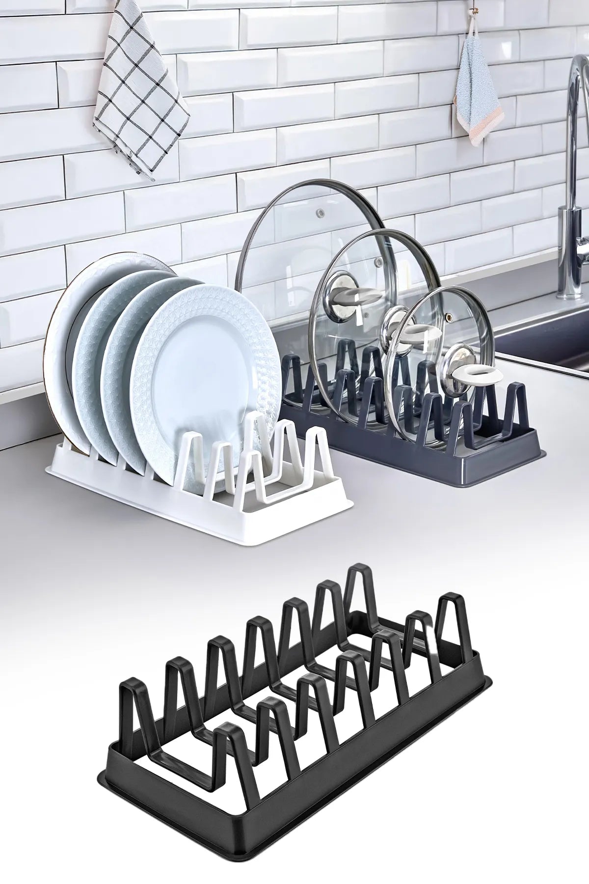 6 Compartment Plastic Plate Rack - Cupboard & Countertop Pot Lid, Plate, Pan Organizer Stand