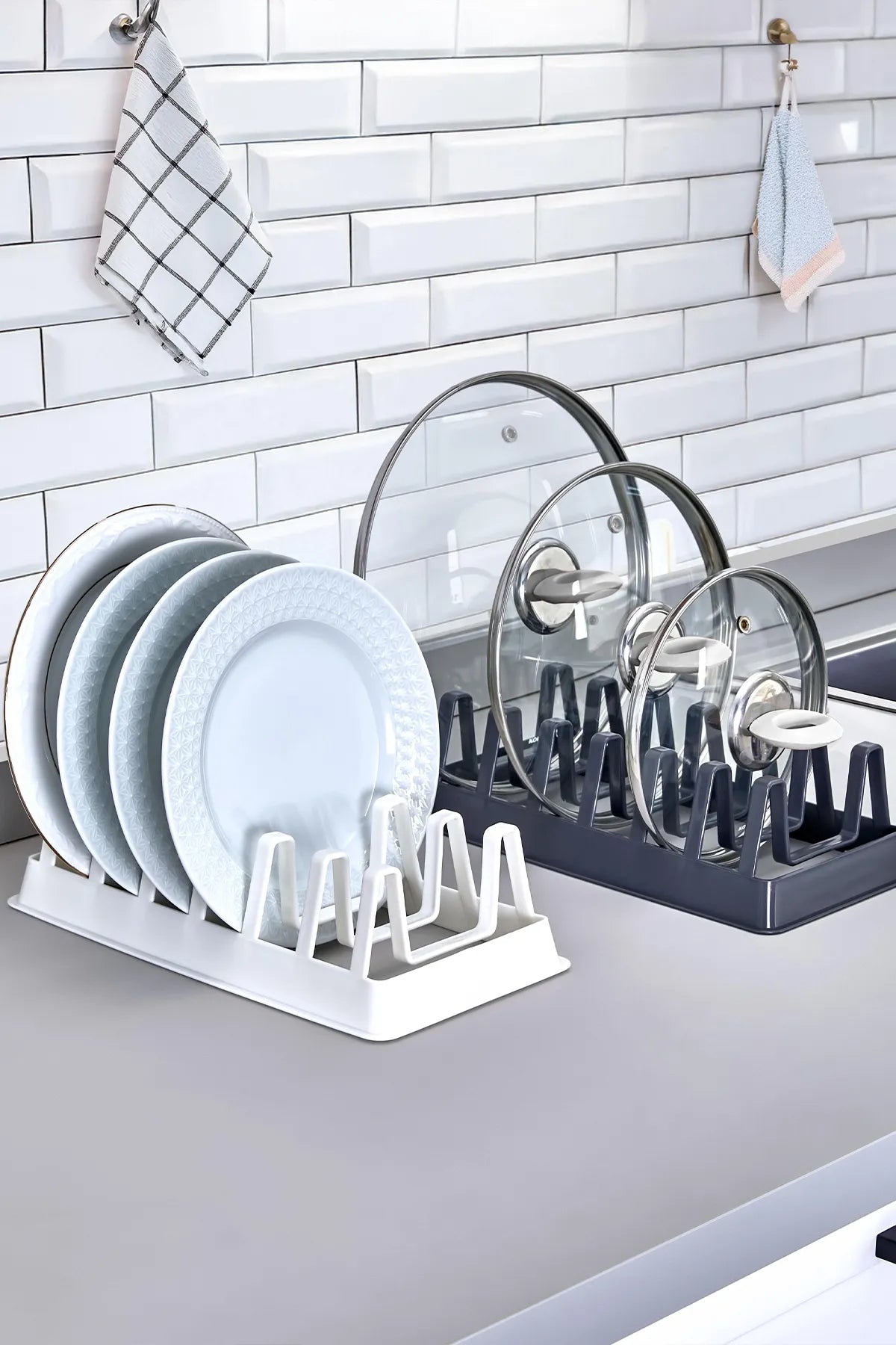 6 Compartment Plastic Plate Rack - Cupboard & Countertop Pot Lid, Plate, Pan Organizer Stand