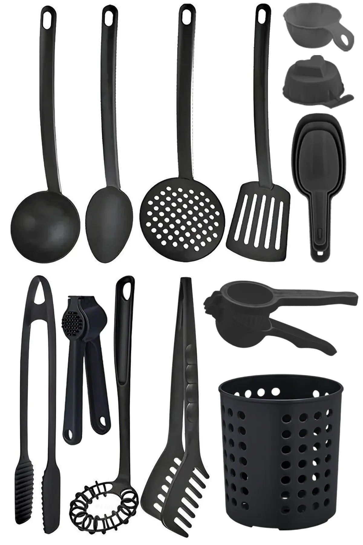 15 Piece Teflon Plastic Kitchen Ladle Set (Heat Resistant) - Including Spoon, Colander, Spatula, Pasta Tongs, Spoon Rest 