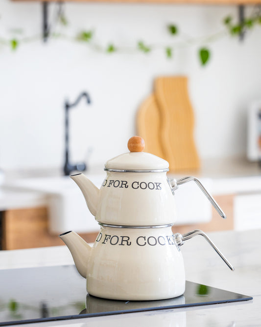 Doroty Emaye Çaydanlık Takımı, Krem Rengi, Alt Üst (1 Lt + 2 Lt), "FOR COOK" Yazılı, Vintage Tasarım