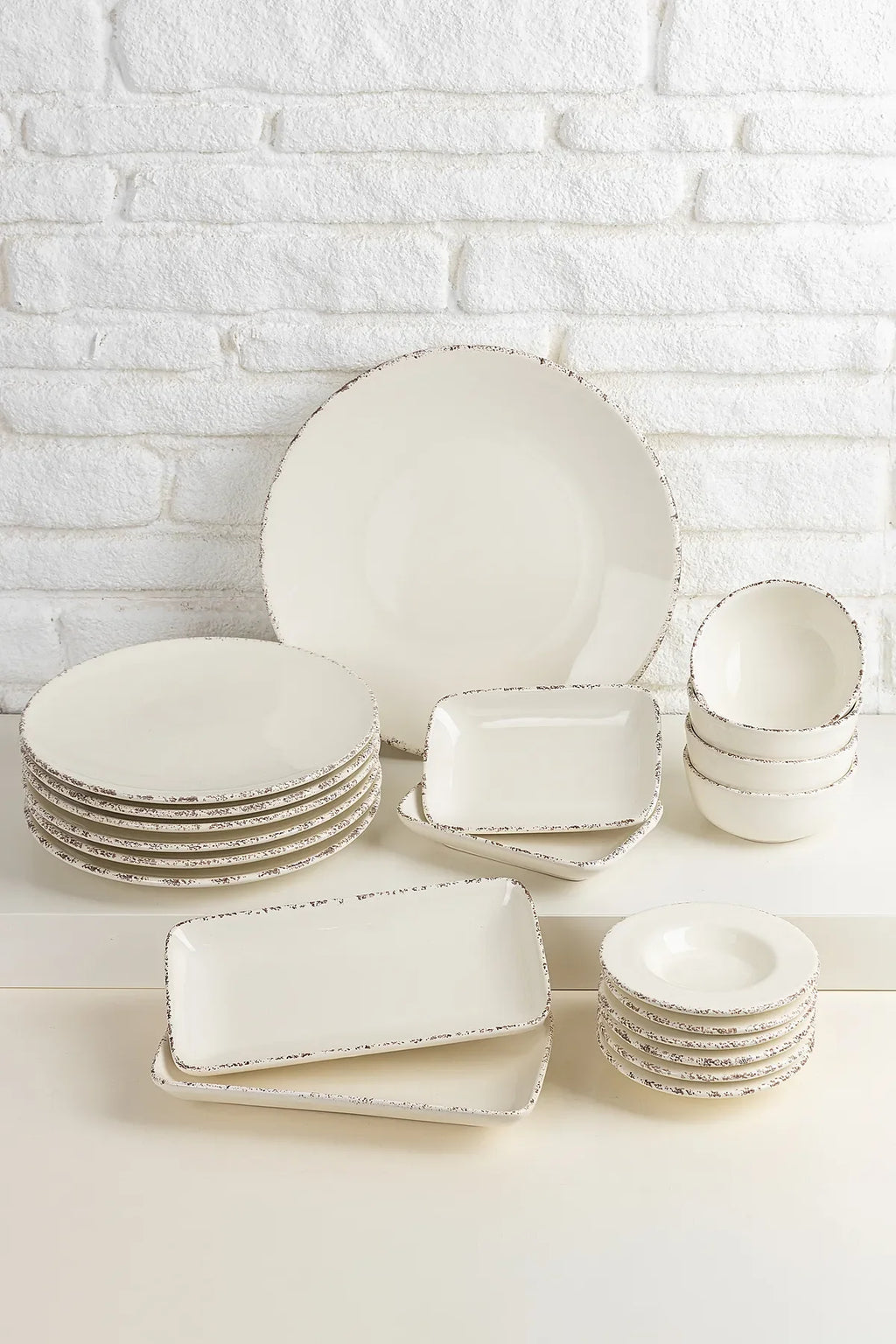 Antiquing Krem 21 Parça Kahvaltı Takımı | 6 Kişilik Lüks Seramik Sofra Seti - Selenica