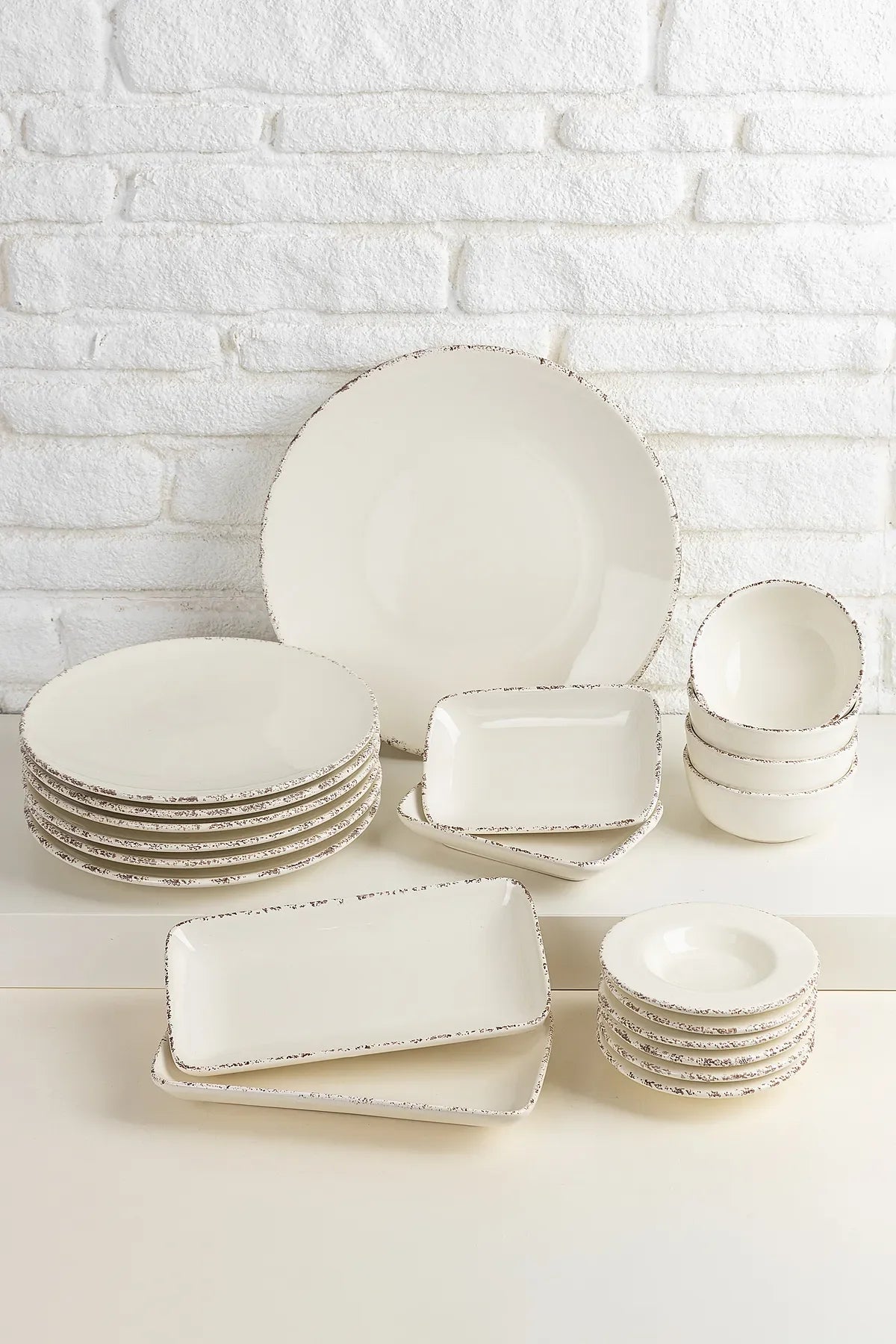 Antiquing Krem 21 Parça Kahvaltı Takımı | 6 Kişilik Lüks Seramik Sofra Seti - Selenica