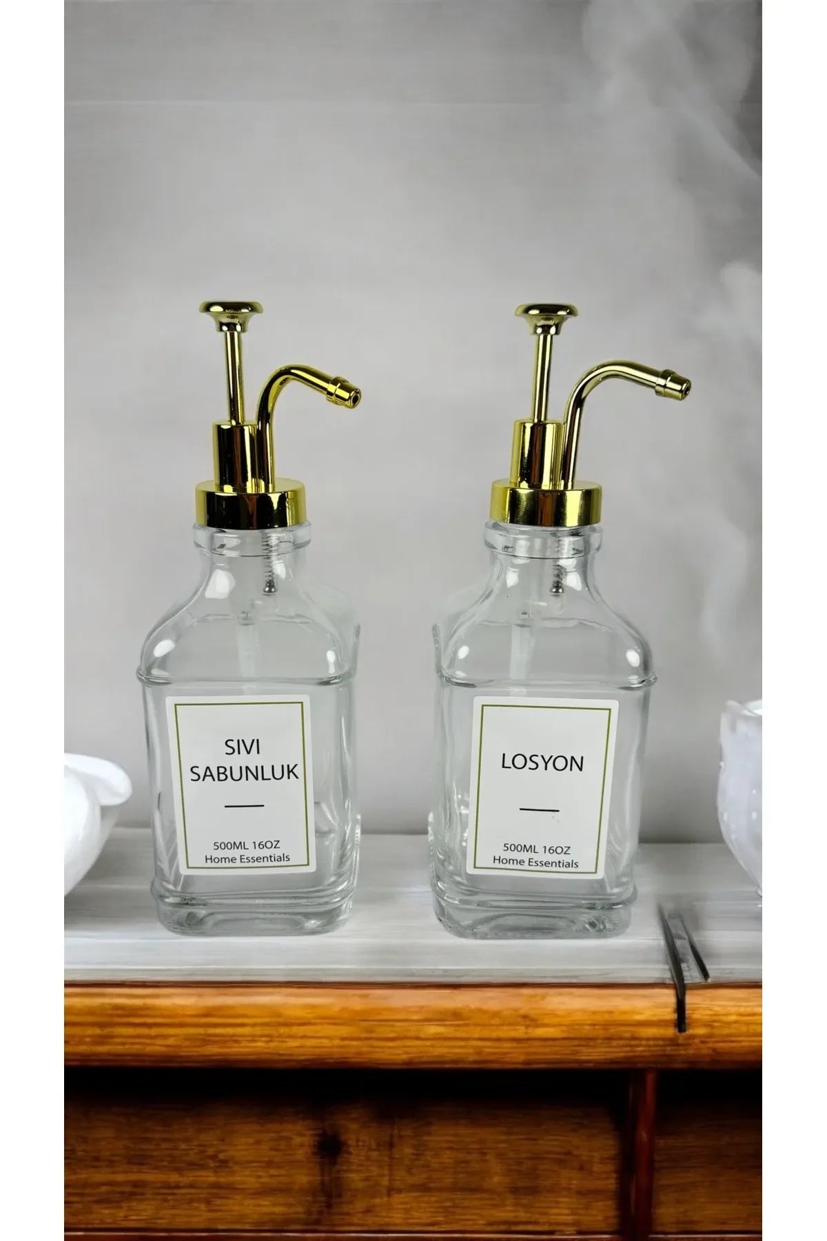 Gold 2'li Cam Sıvı Sabunluk Seti (500ml) | Şık ve Modern Tasarım | Mutfak Banyo İçin - Selenica
