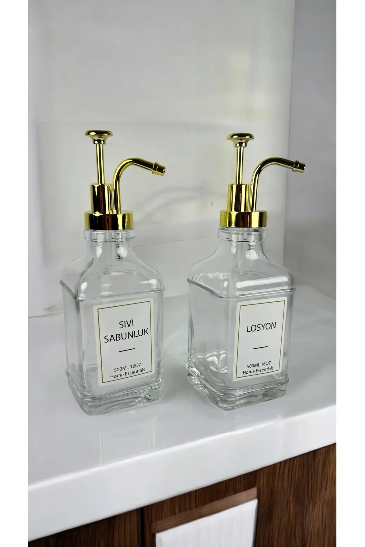 Gold 2'li Cam Sıvı Sabunluk Seti (500ml) | Şık ve Modern Tasarım | Mutfak Banyo İçin - Selenica