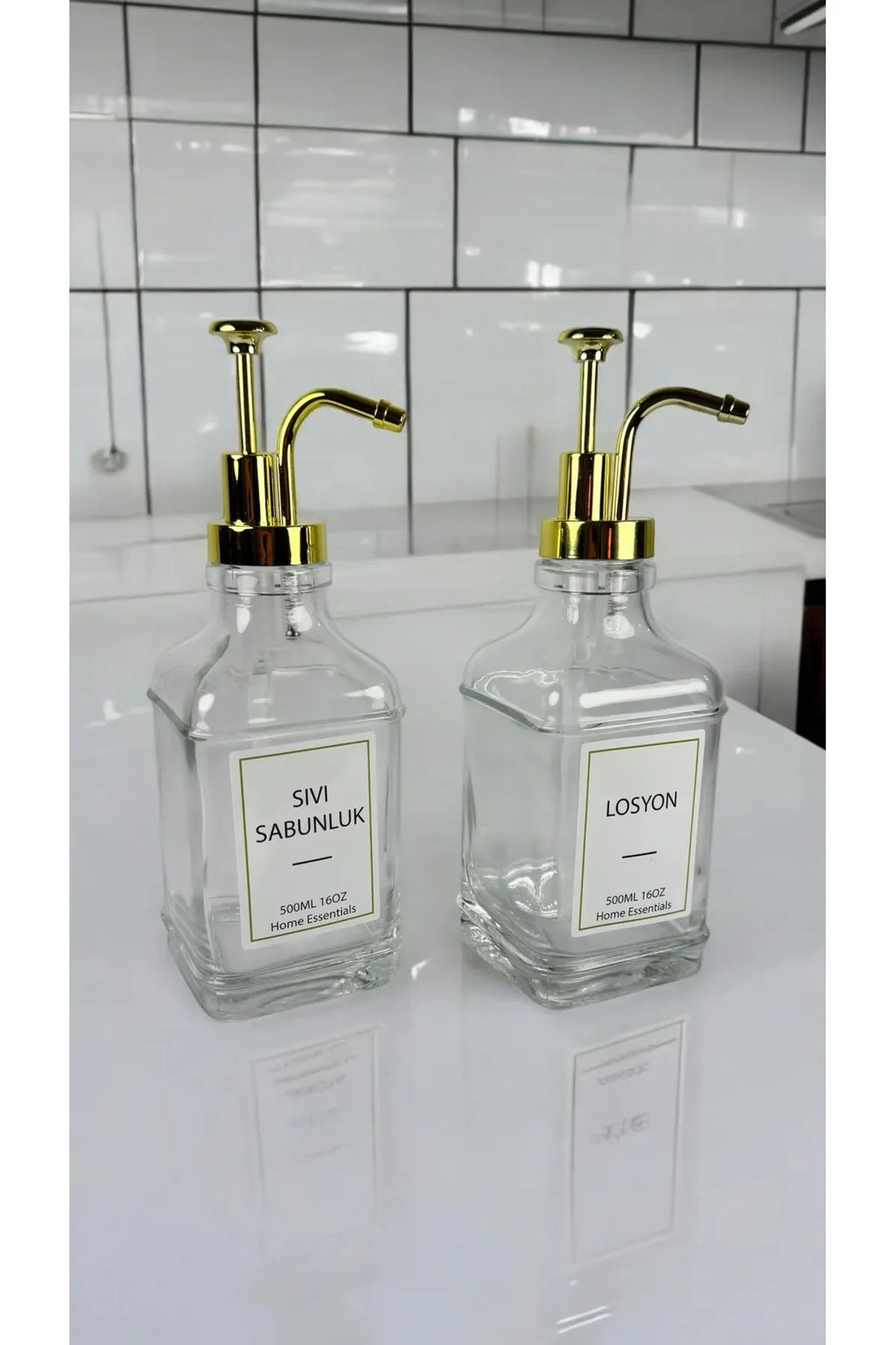 Gold 2'li Cam Sıvı Sabunluk Seti (500ml) | Şık ve Modern Tasarım | Mutfak Banyo İçin - Selenica