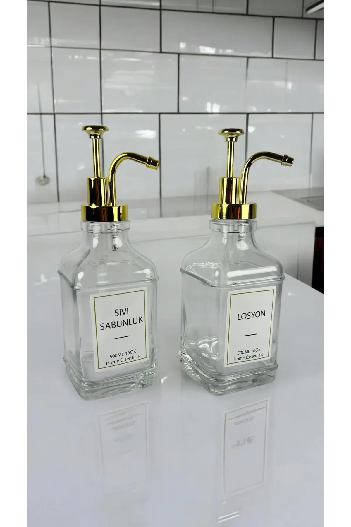 Gold 2'li Cam Sıvı Sabunluk Seti (500ml) | Şık ve Modern Tasarım | Mutfak Banyo İçin - Selenica