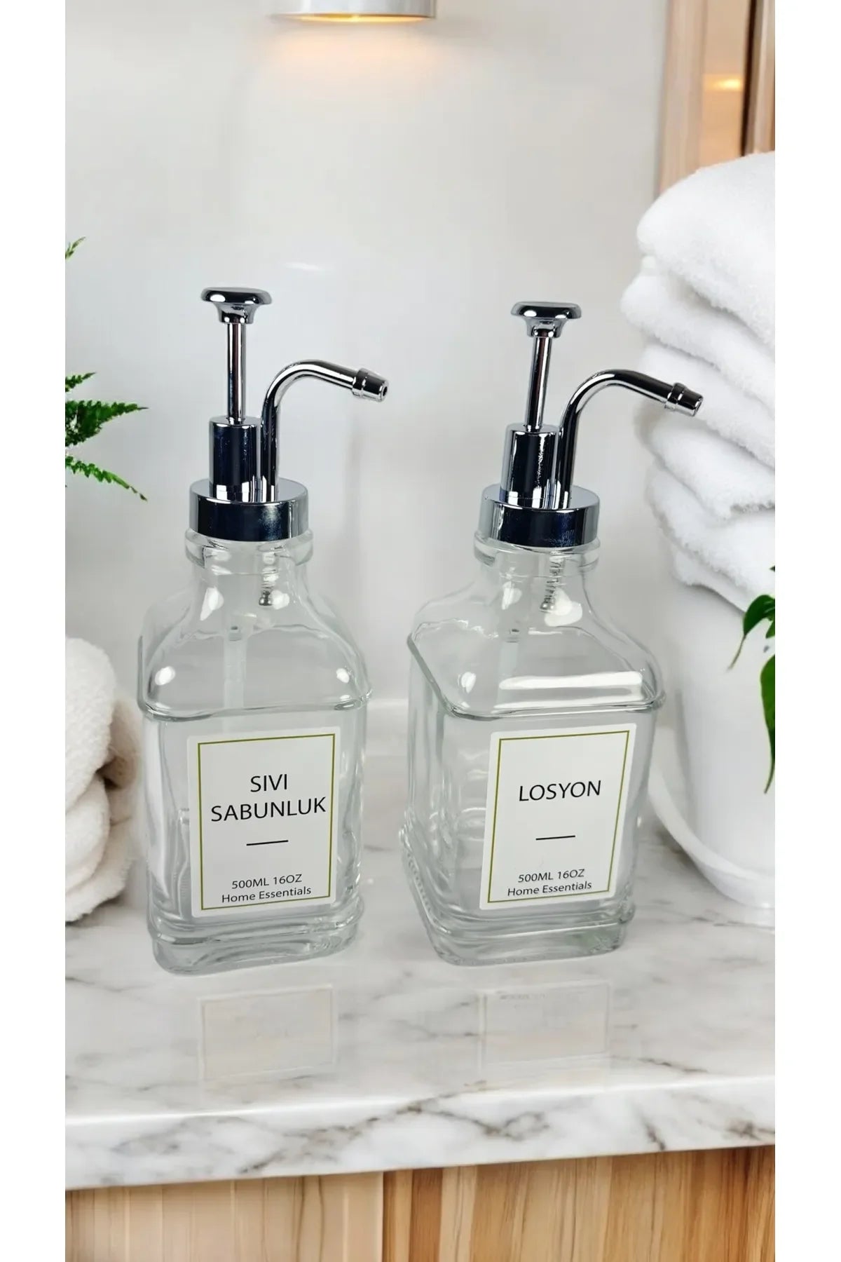 2'li Şık ve Modern Cam Sıvı Sabunluk Seti (500ml) | Metal , Etiketli | Mutfak Banyo İçin - Selenica