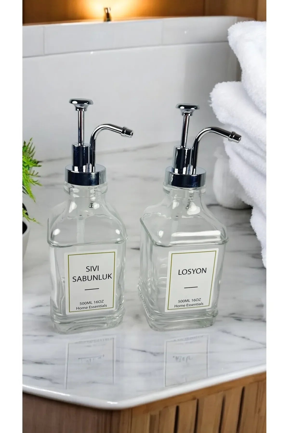 2'li Şık ve Modern Cam Sıvı Sabunluk Seti (500ml) | Metal , Etiketli | Mutfak Banyo İçin - Selenica