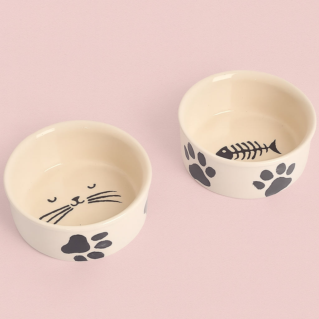 Pati & Kedi Figürlü 2'li Seramik Mama ve Su Kabı Seti - 12cm (300ml) - Hijyenik Kedi Köpek Beslenme Kabı - Kaymaz Tabanlı