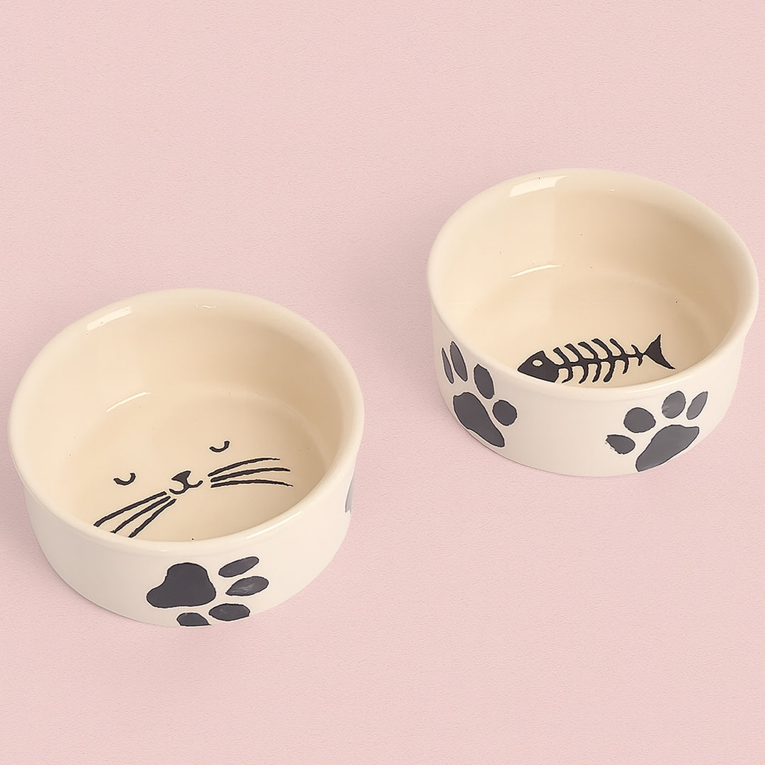 Pati & Kedi Figürlü 2'li Seramik Mama ve Su Kabı Seti - 12cm (300ml) - Hijyenik Kedi Köpek Beslenme Kabı - Kaymaz Tabanlı