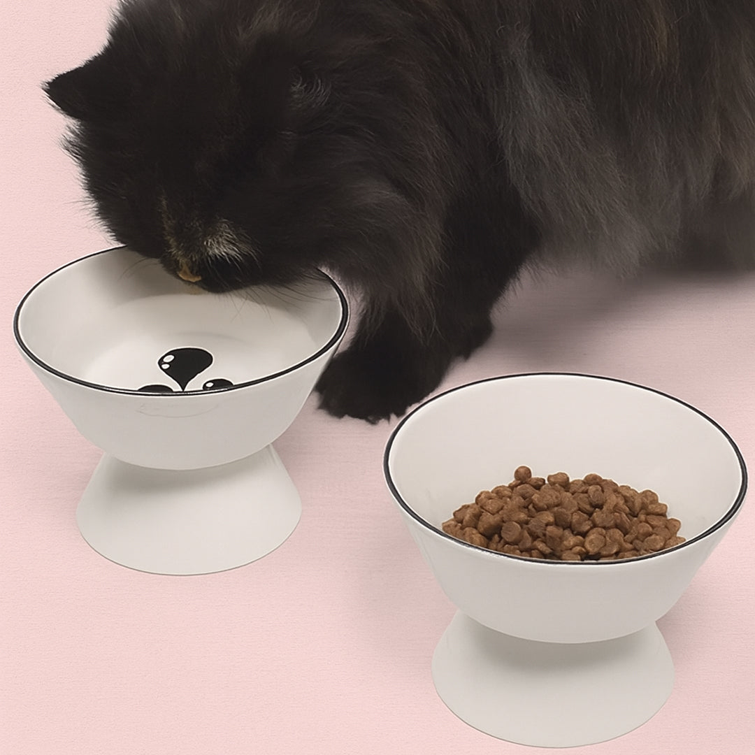 Ergonomik 2'li Ayaklı Beyaz Seramik Kedi Köpek Mama ve Su Kabı Seti (400ml) - Siyah Çizgili Pati Desenli - Sağlıklı Beslenme İçin Yükseltilmiş Mama Kabı
