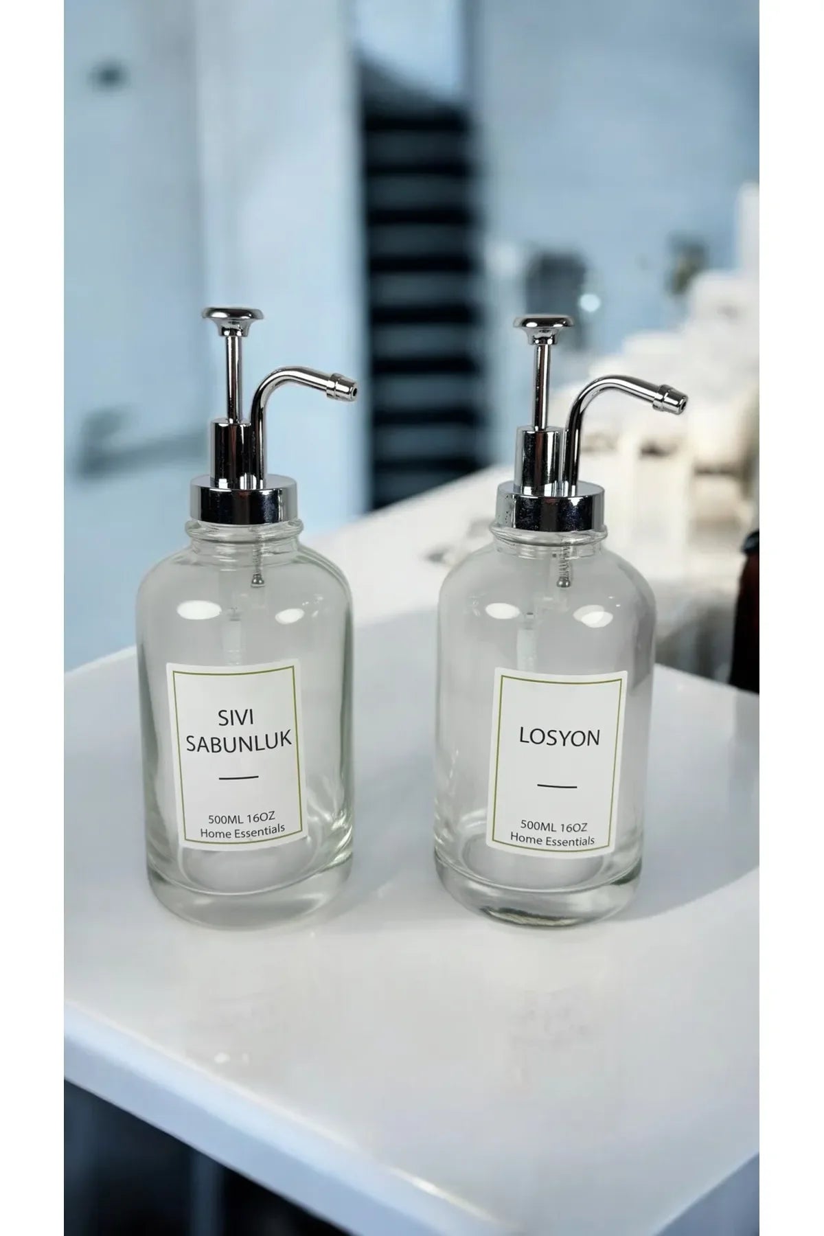 2'li Cam Silindir Sıvı Sabunluk Seti (500ml) | Şık ve Modern Tasarım | Metal , Etiketli - Selenica