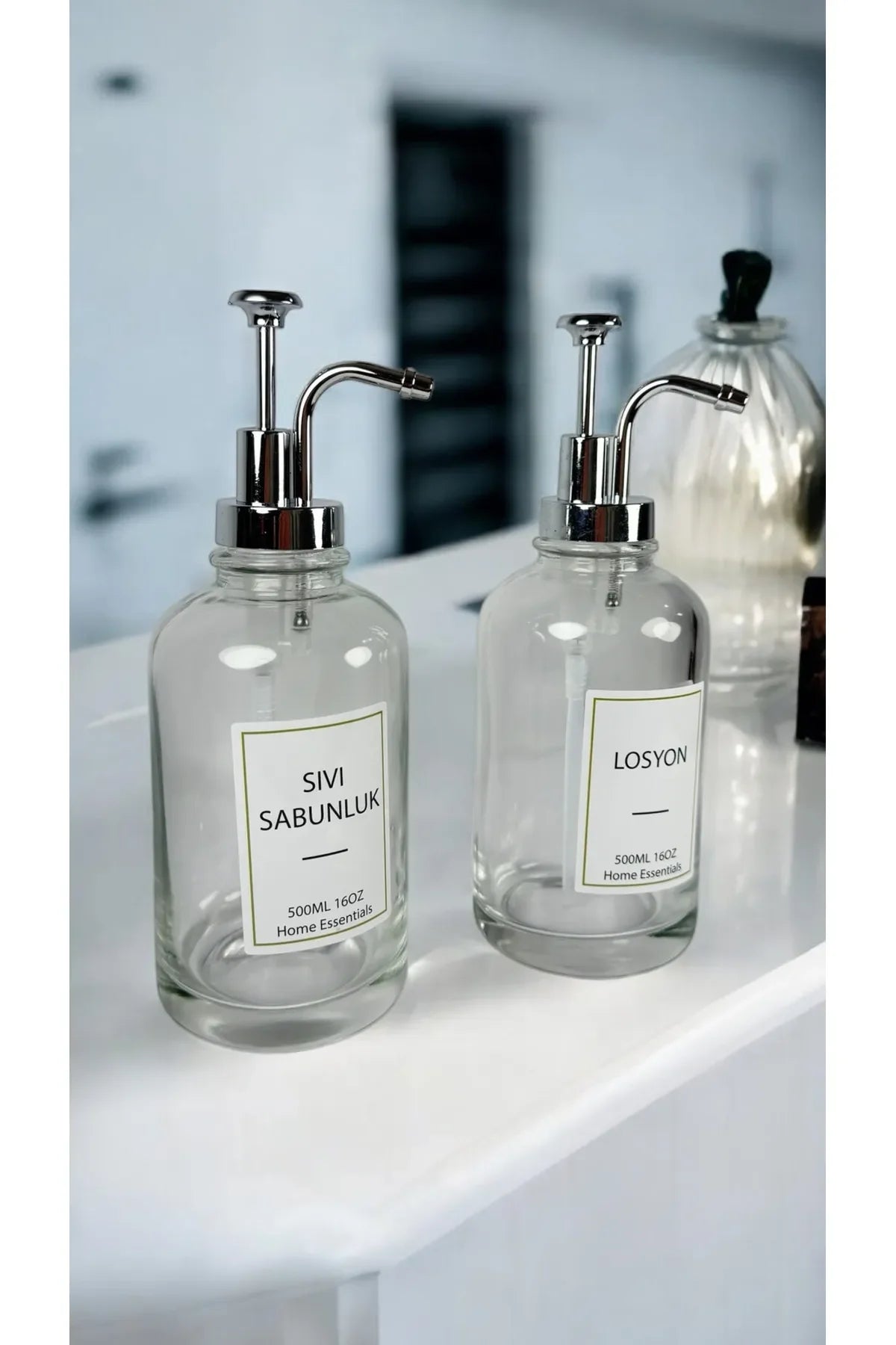 2'li Cam Silindir Sıvı Sabunluk Seti (500ml) | Şık ve Modern Tasarım | Metal , Etiketli - Selenica