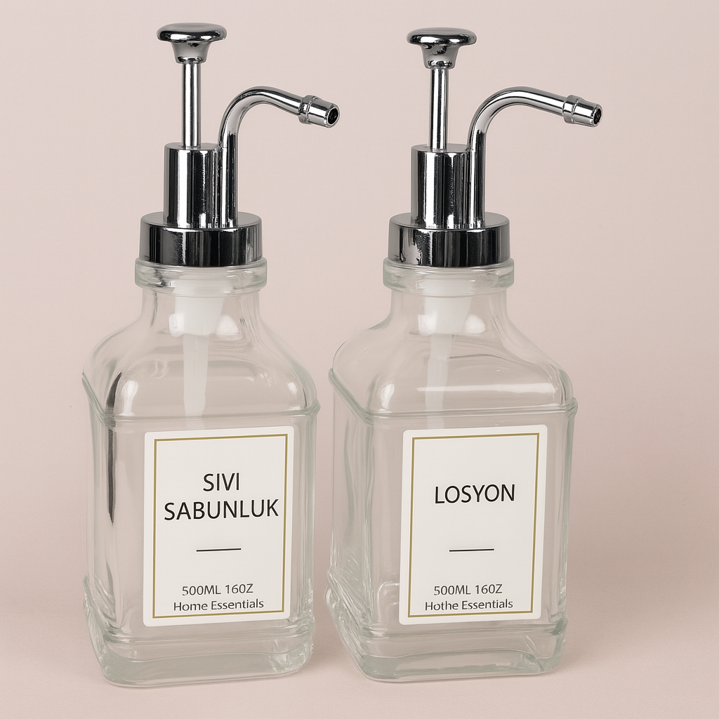 2'li Şık ve Modern Cam Sıvı Sabunluk Seti (500ml) | Metal , Etiketli | Mutfak  Banyo İçin
