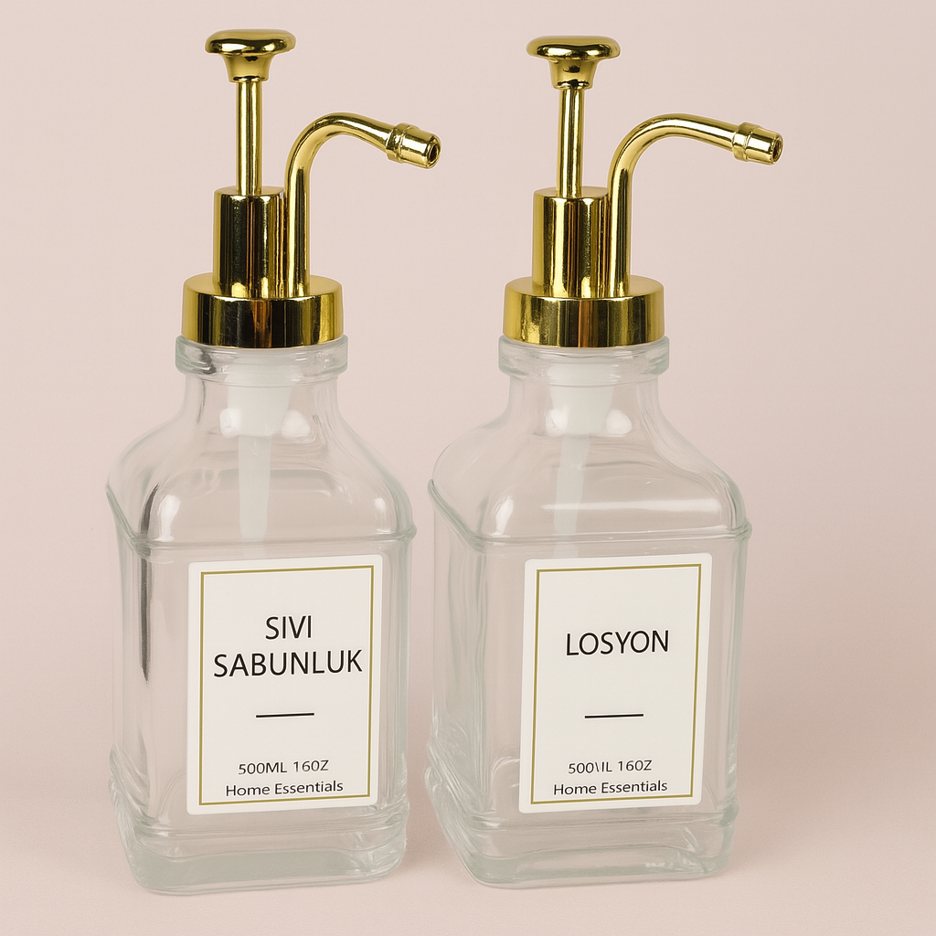 Gold 2'li Cam Sıvı Sabunluk Seti (500ml) | Şık ve Modern Tasarım | Mutfak Banyo İçin