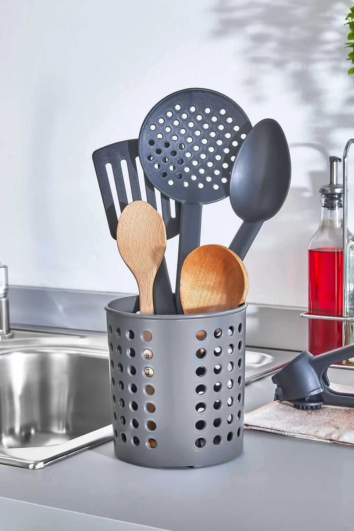 Cylinder Countertop Upright Spoon Rack - Kitchen Organizer Serving Stand, Ladle Holder Organizer 