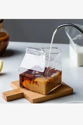 250ml Süt Kutusu Görünümlü Cam Bardak - Şeffaf Tasarım, Kahve ve Süt Sunum Bardağı, Krema Bardağı