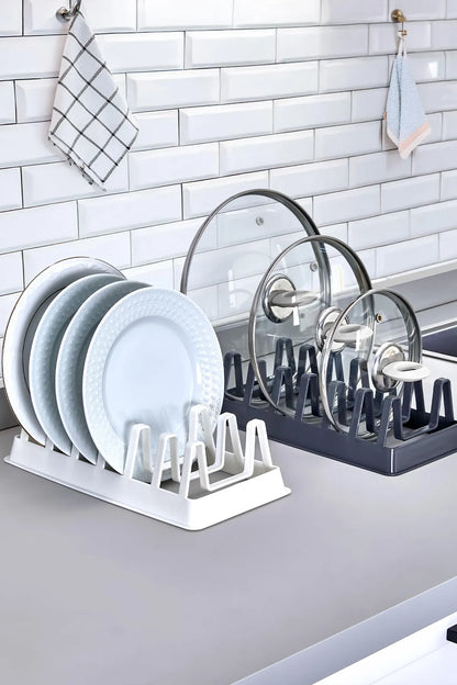6 Compartment Plastic Plate Rack - Cupboard &amp; Countertop Pot Lid, Plate, Pan Organizer Stand 