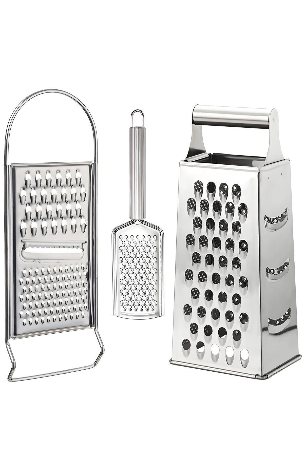 3 Piece Stainless Steel Grater Set: Multifunctional Square (Box) Grater, Single Sided (Flat) Grater and Hand Grater 